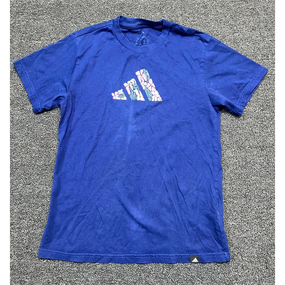 Adidas T-Shirt Adult XS Blue Floral Badge of Sport Graphic Crew Neck Regular Fit